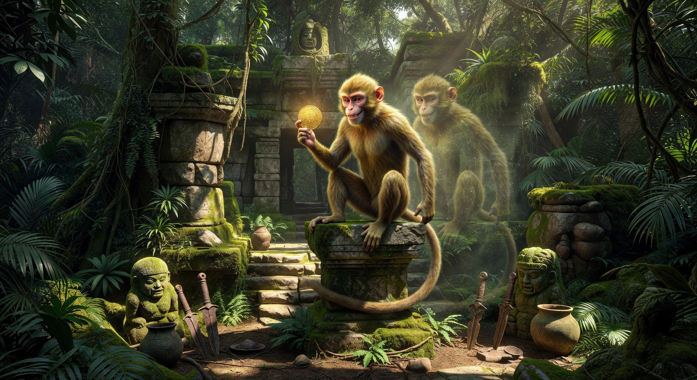A mischievous mythical monkey sitting on an ancient jungle ruin holding a gold coin