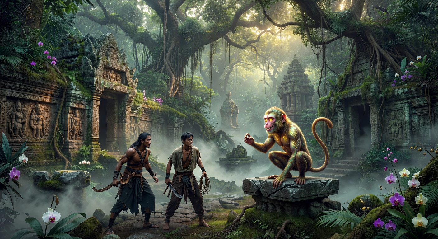 Deep Southeast Asian jungle ruins covered in mist
